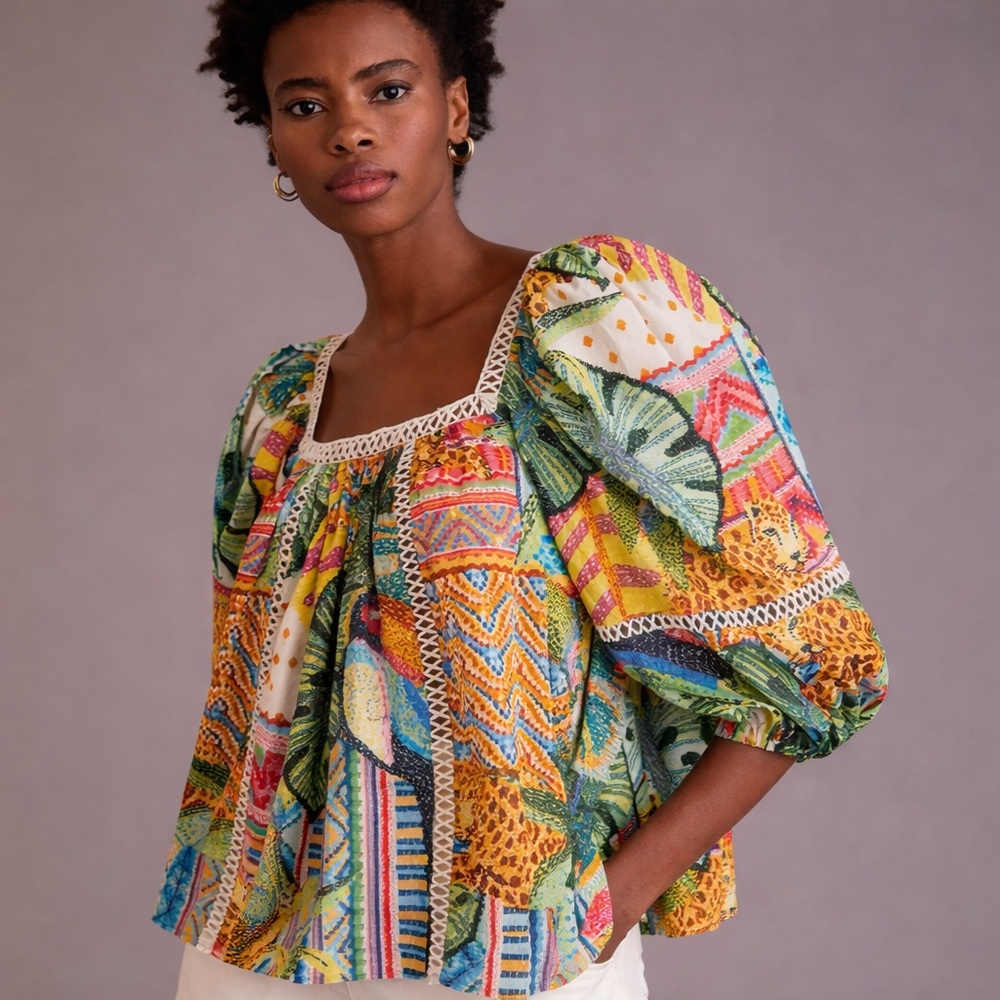 Farm Rio Anthropologie Lace Inset Peasant Blouse Tropical Print Small